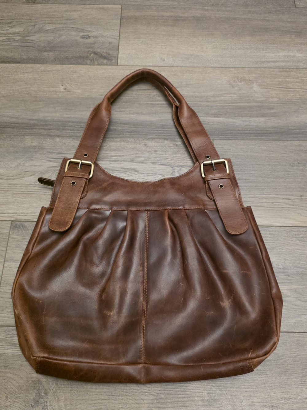 Y2K Genuine Brown Leather Pleated Hobo Bag |Floral Fabric Linning Buckle Strap